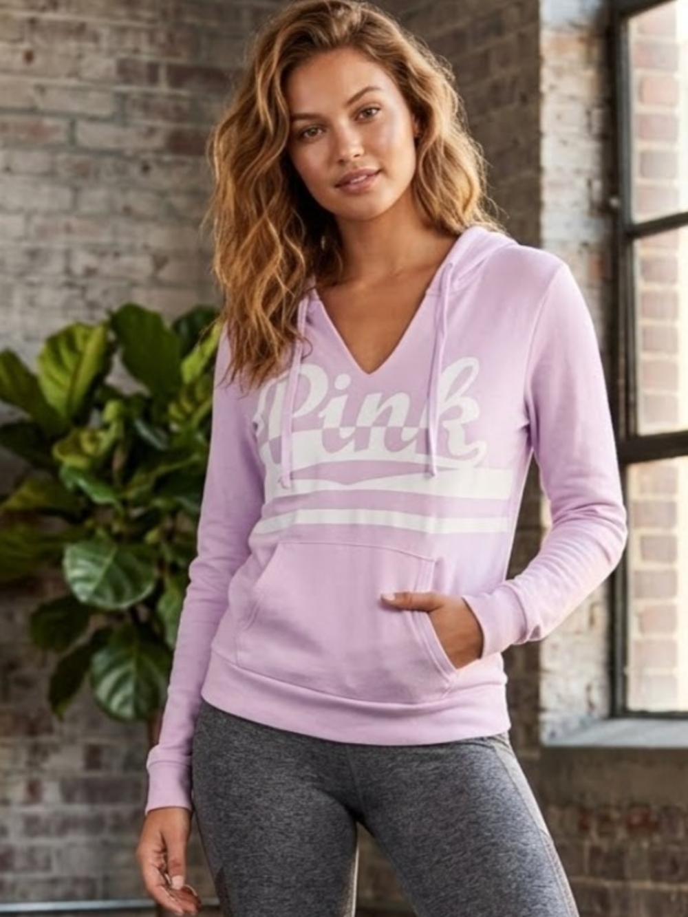 PINK Victoria's Secret Light Pink V-Neck Hoodie with White Chest Script